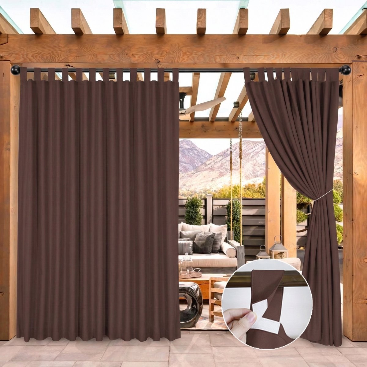 Qelus Extra Breed Buitengordijn met Klittenband Lussen - Waterdicht Outdoor Gordijn 254cm - Verduisterend Balkongordijn - Rideau Extérieur - 254x244cm - Bruin - 1 Stuk