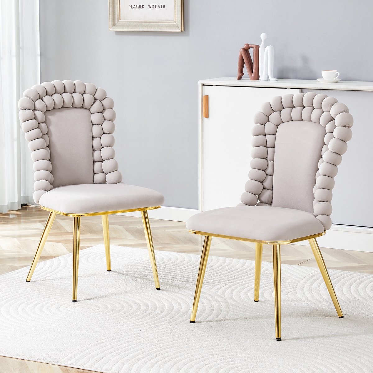 STILVORA Eetkamerstoel Set Van 2 - Hoge Rugleuning Met Kralenrand - Comfortabel Zacht Zitten - Voor Eetkamer En Woonruimte - Metaal Fluweel Lichtgrijs