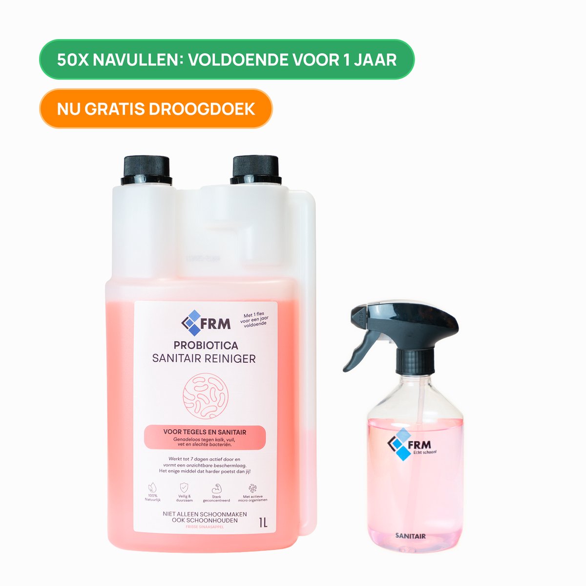FRM Probiotica Sanitairreiniger starterspakket - Badkamer & Toiletreiniger - Kalk, Schimmel, Aanslag - Natuurlijk, Veilig & Krachtig - Werkt tot 7 Dagen Door