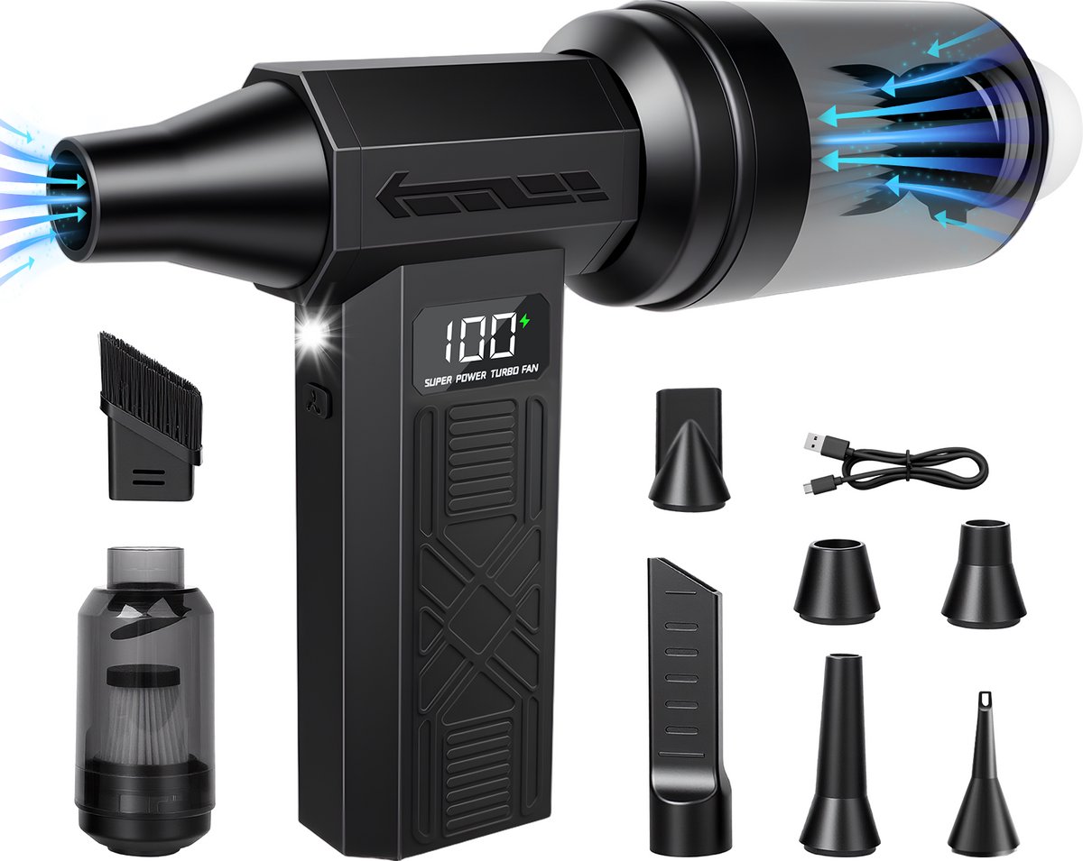 2-in-1 Elektrische Luchtblazer en Mini Stofzuiger - Draadloze Air Duster met 8000mAh Accu - 4 Vermogensstanden - LED Display en Werklicht - Computer Reinigingsset met 5 Mondstukken en Stofreservoir - USB-C Oplaadbaar