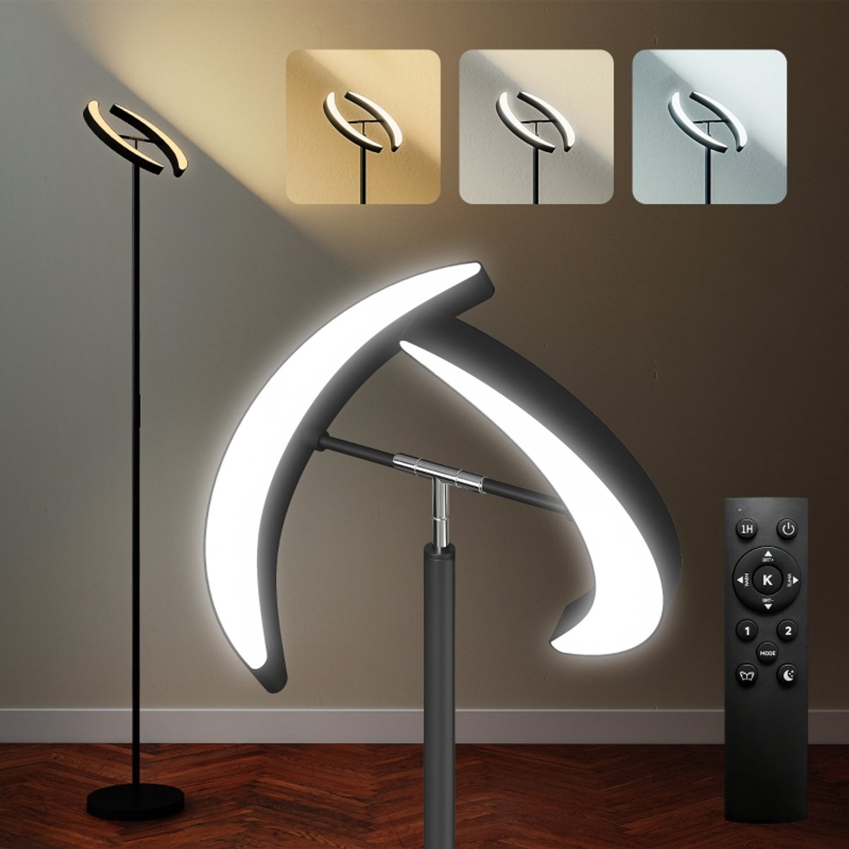 Daity Dimbare vloerlamp met afstandsbediening en 350° draaibare dubbele lampkoppen, timer van 1 uur, instelbare kleurtemperatuur van 2700K tot 6000K, geschikt voor woonkamers en slaapkamers, zwart.