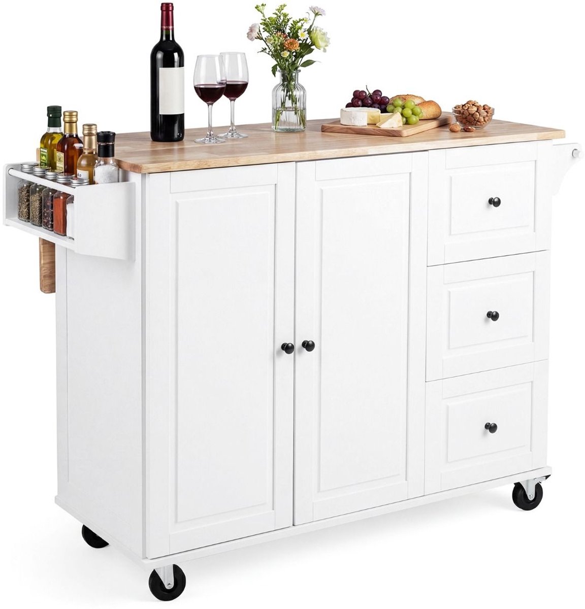 Keukeneiland - Verplaatsbaar - Keukenkast - Dressoir - Organizer - Kasten - Keukenblok - Houten Werkblad - Lade - Wit + Naturel