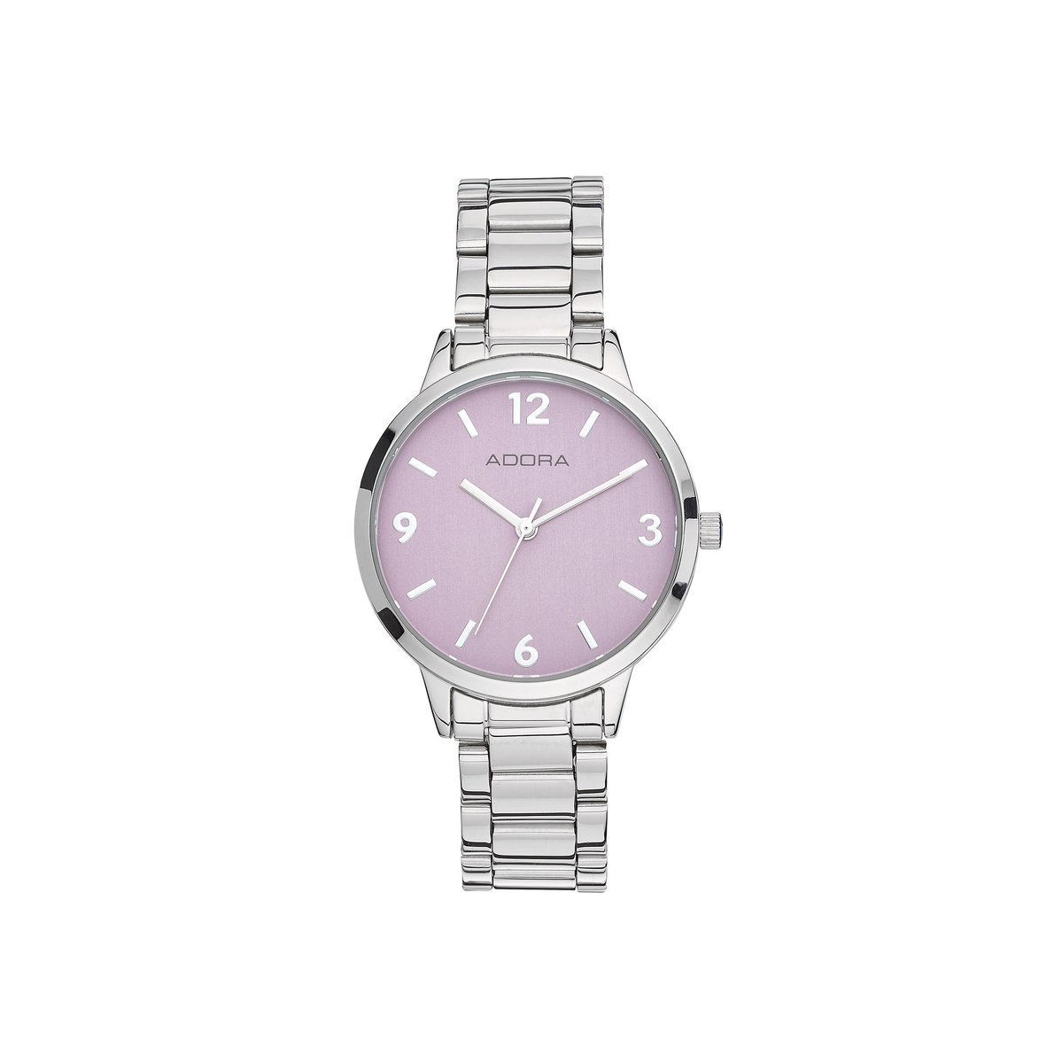 Adora Trends Dames Horloge - Edelstaal Schakelband - Lila Wijzerplaat - Ø 32 mm - Zilverkleurig - 3 ATM