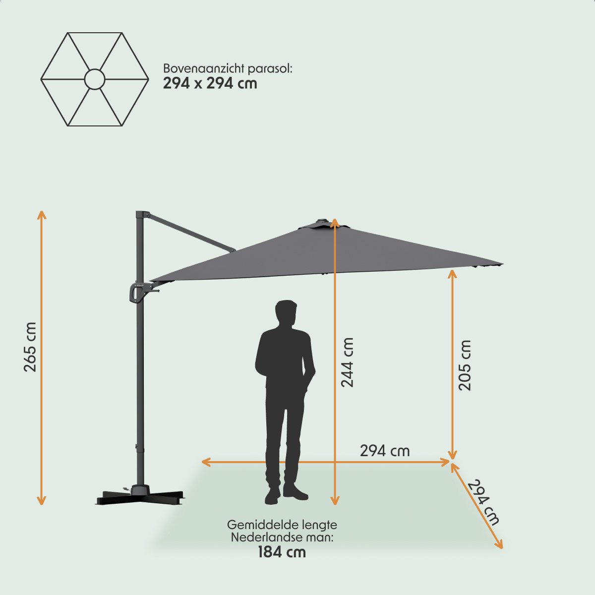 LifeGoods Zweefparasol - 294x294 cm - Kantelbaar - 6 Standen - Waterdicht - met Hoes - Antraciet – foto 3