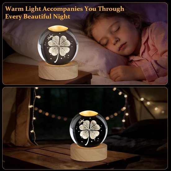 Nachtlampje - 3D kristallen bol lamp - Klavertje vier - Glazen bol - Houten voet - LED verlichting - USB interface - Huisdecoratie ornament - Verjaardagscadeau - 8*7*7cm van Merkloos — afbeelding 5