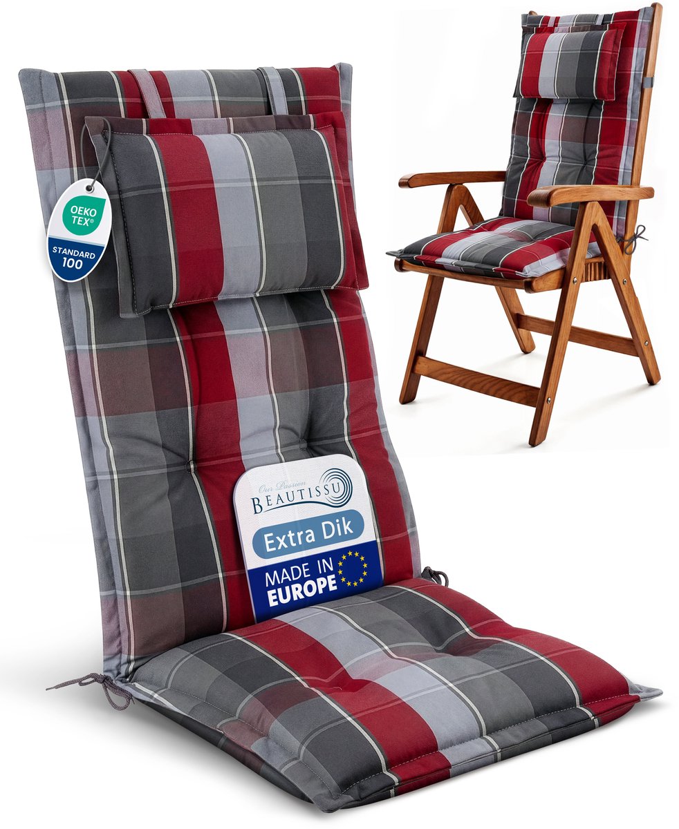 Beautissu Tuinkussen Hoge Rug Zitkussen 120x50cm HighLux HL – Set van 7 Stoelkussens voor Tuinstoelen 7cm dik Grijs-Rood-Lichtblauw Geruit – Made in EU