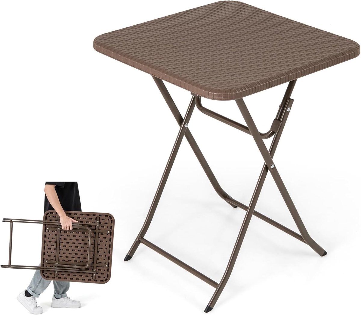 KOMFOTTEU Opvouwbare picknicktafel voor 2 personen, met HDPE-blad, vierkante terrastafel met rotantextuur, metalen frame, geen montage, voor binnen en buiten