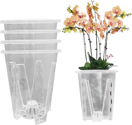 Twee stapels transparante bloempotten, links 5 potten, rechts een pot met oranje orchideeën.