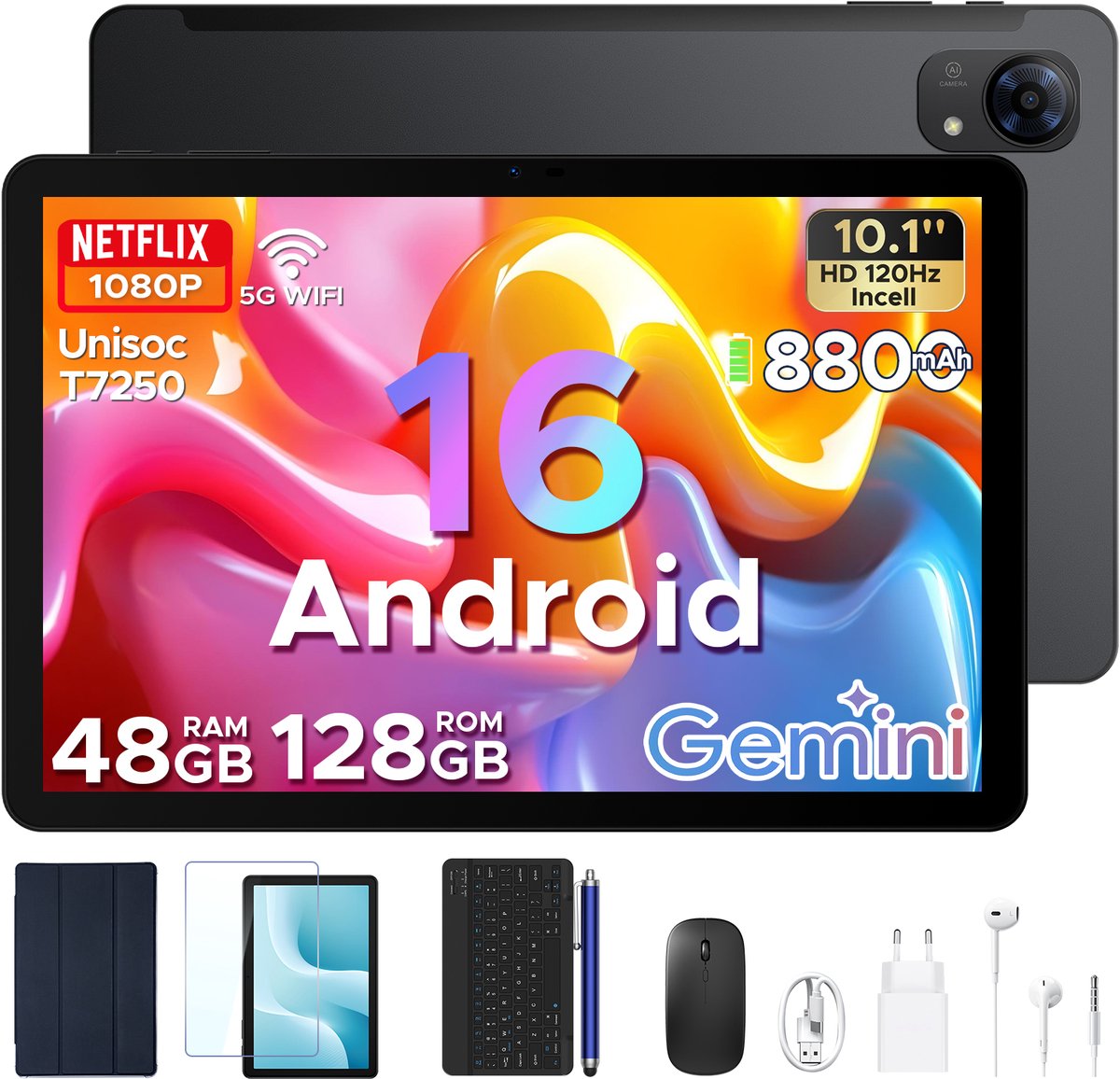 Aorlym P10 Pro - Tablet - 48 GB RAM (8+40 GB) + 128 GB ROM (2 TB/TF) - 10,1 inch HD 120 Hz - Android 16 - 8800 mAh - Gemini AI - T7250 - Face ID - Dubbele luidsprekers, complete accessoirebundel met toetsenbord en stylus - Zwart