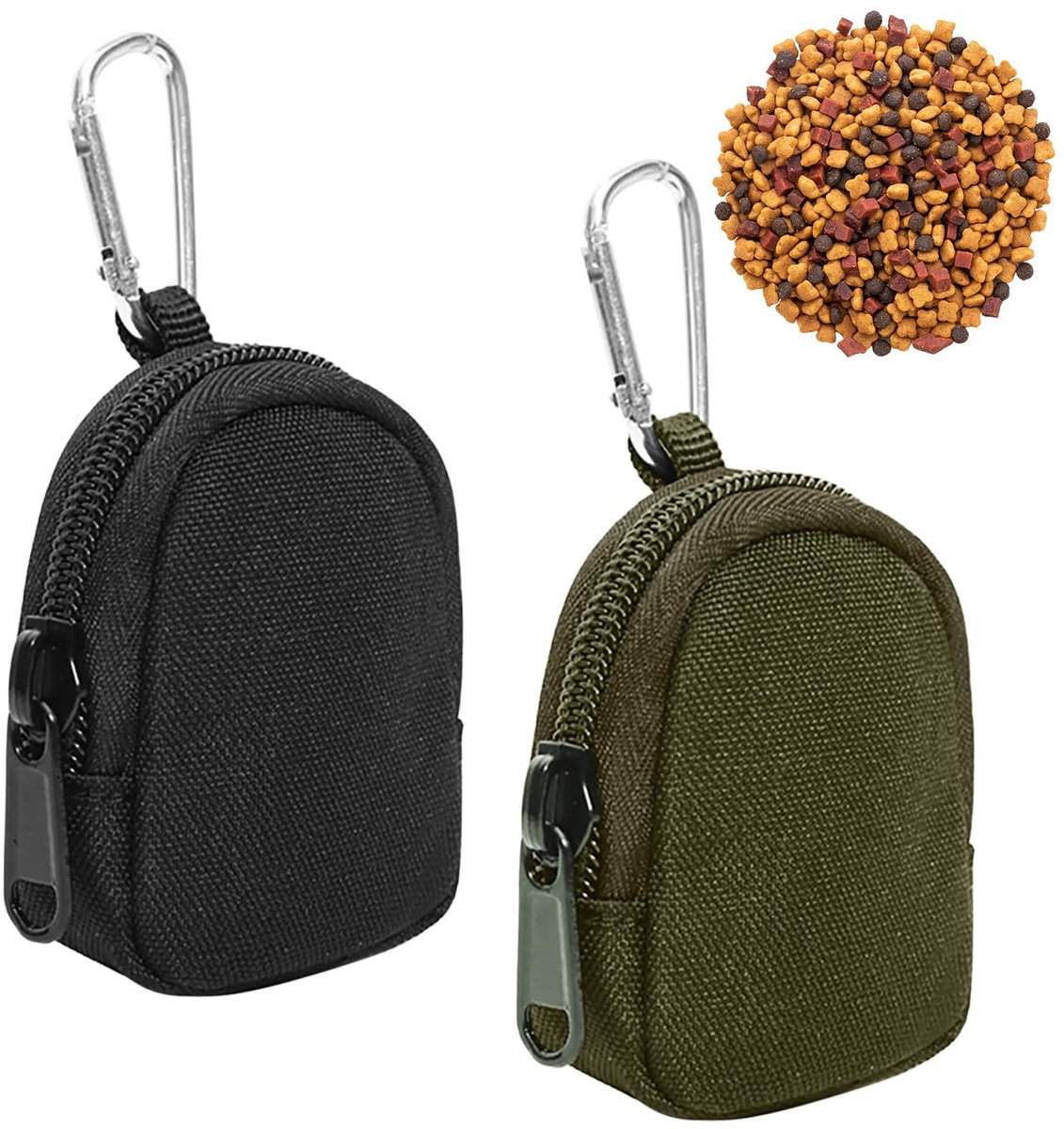 TuseRxln Beloningstasje - Hondensnoepjeszakje - Waterdicht En Vuilafstotend Oxford-materiaal Met Karabijnhaak - 2 Stuks - Voor Wandelen En Training In Militairgroen En Zwart