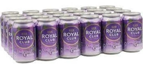 Een doos met 24 blikjes Royal Club Original Cassis met paarse etiketten.