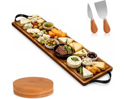 Villux Tapasplank - Borrelplank - Serveerplank - Kaasplank - Hapjesplank - Inclusief Kaasmesjes - Inclusief Onderzetters - Taspasplank Acaciahout- Tapas Servies - Inclusief Ebook - 70 cm
