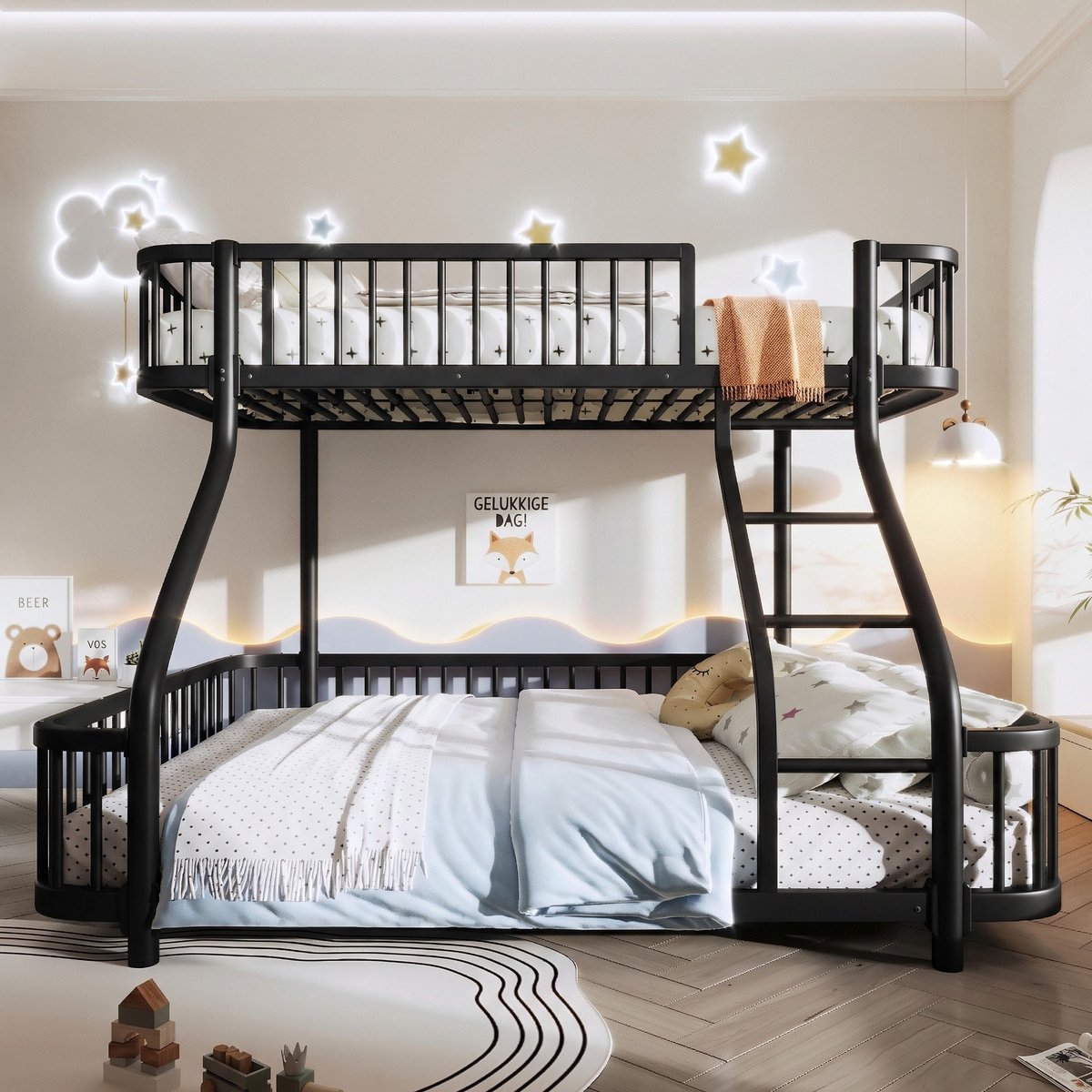 VVBV Zwart Metalen Stapelbed 90x200 / 140x200 cm - Stevig Driepersoonsbed met Ladder & EN747 Veiligheid - Zonder Matras Black