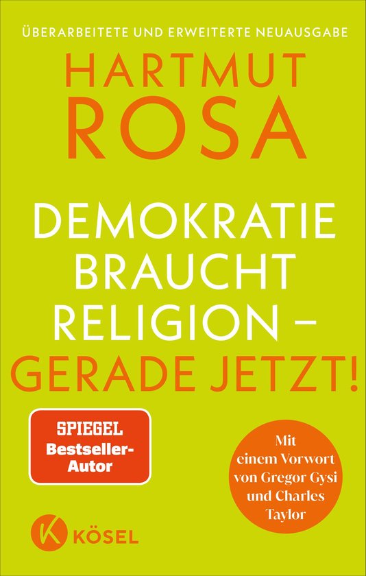 Boekcover met gele achtergrond. Titel: 'Demokratie braucht Religion – gerade jetzt!' door Hartmut Rosa.