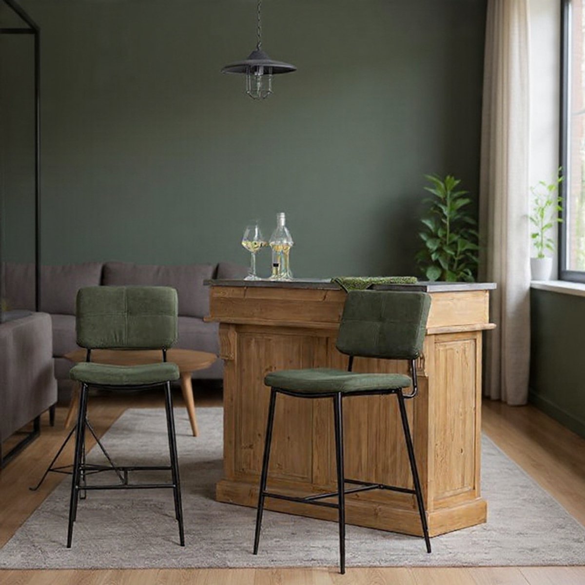 Luxe Barstoelen Set van 4 – Industriële Bistro Stoelen met Stof Rugleuning en Voetensteun – Comfortabele Barstoelen voor Keuken, Bistro, Café of Bar – Hoogte 69 cm – Groene Zitting en Metaal Frame-Casa Serena