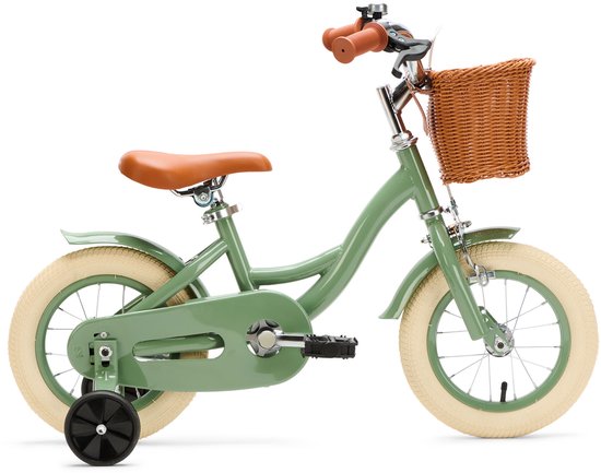 Vélo d'enfant vert olive avec selle et panier marron, roulettes incluses.