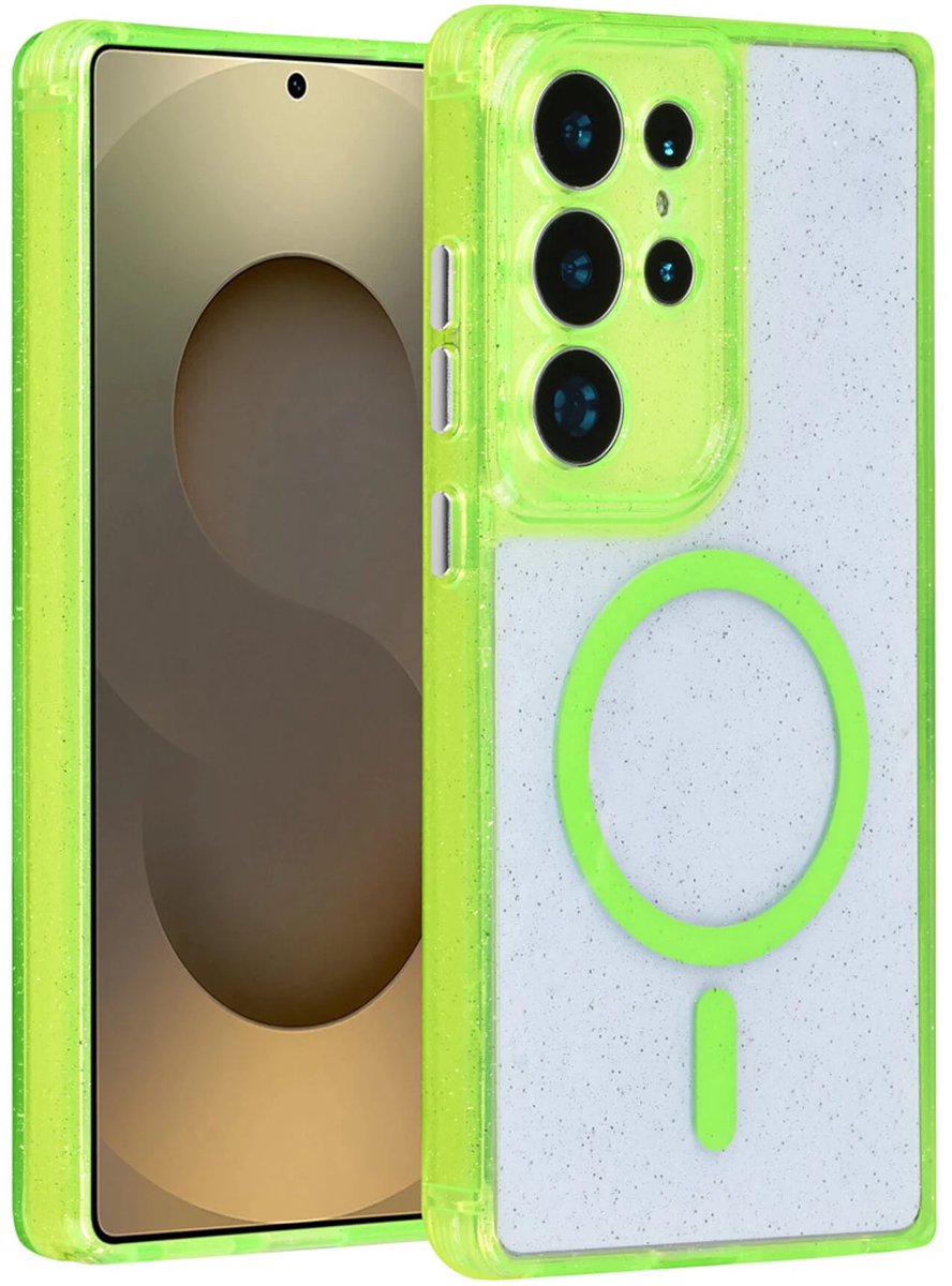 Backcover Hoesje Geschikt voor: Samsung Galaxy S24 Ultra - MagSafe Compatibel – Transparant Glitter Design – Krasbestendig – Slanke Bescherming met Perfecte Pasvorm - Groen