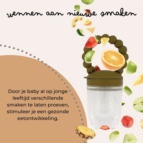 Jikkies Fruitspeen Baby - Inclusief 3 speenmaten - Bijtring - 100% Siliconen - BPA-vrij - Vaatwasser & vriezer - Helpt bij doorkomende tandjes - Vanaf 4 maanden - Groen van Merkloos — afbeelding 4