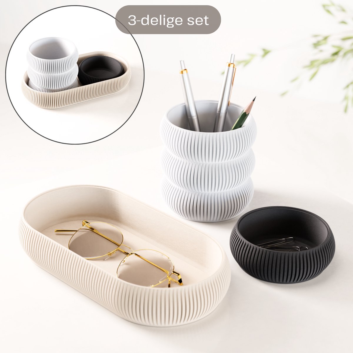 Fleuriek - Bureau organizer set 3-delig - Stapelbaar & modulair - Pennenhouder met opbergbakjes voor bureau, keuken, badkamer & make up - Zwart-Wit-Beige