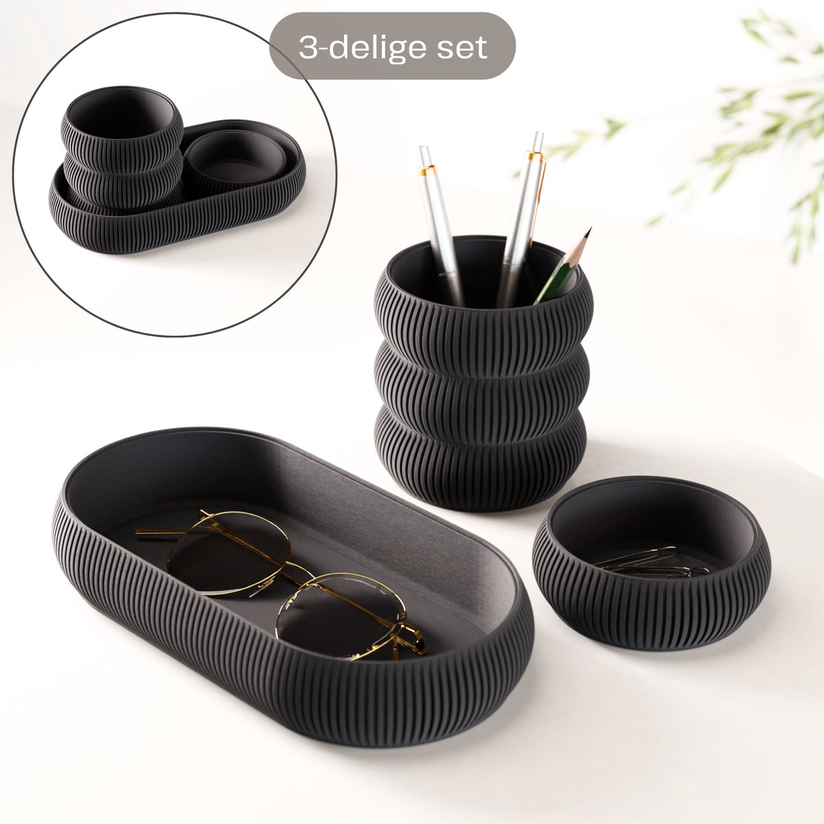 Fleuriek - Bureau organizer set 3-delig - Stapelbaar & modulair - Pennenhouder met opbergbakjes voor bureau, keuken, badkamer & make up - Zwart