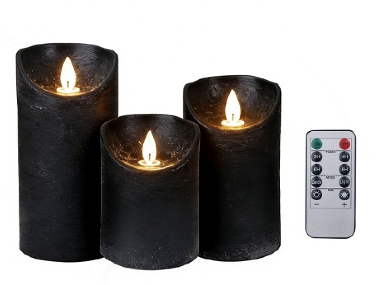 Foryouliving - LED kaarsen met bewegende vlam 3x - Zwart - Black - Afstandsbediening - Stompkaars rustiek wax - LED kaars batterij - Timer - 7.5 x 10 12.5 15 cm