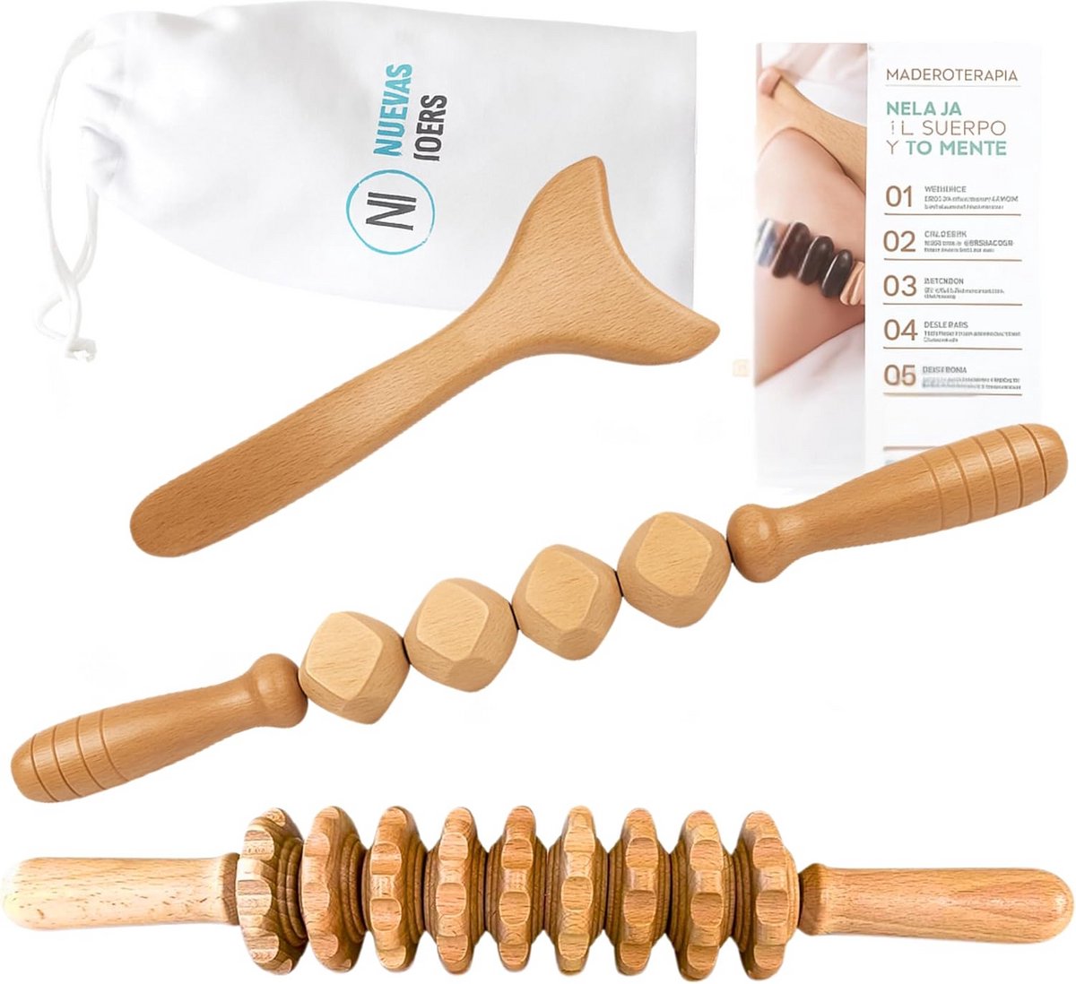 Houttherapieset voor Celulitis en Spierontspanning - 2 Massagerollen en Vormplank