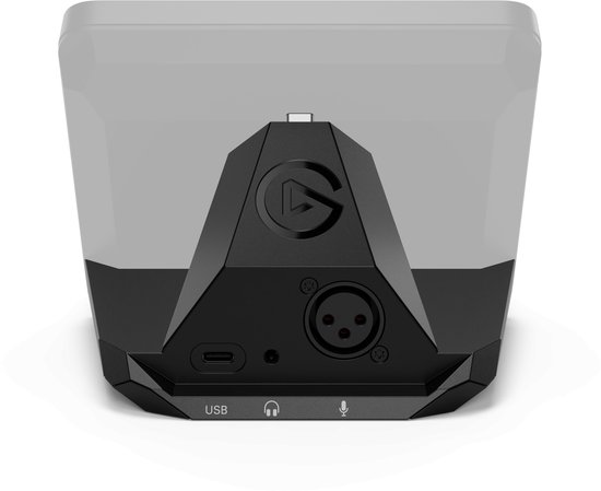 Zicht op de achterkant van de Elgato XLR Dock MK.2, met USB-, hoofdtelefoon- en microfoonaansluitingen.