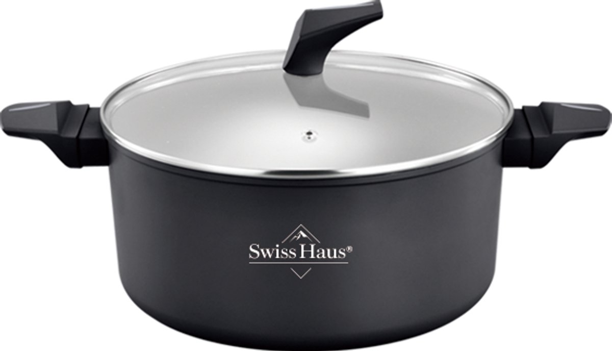 Swiss Haus® LC24B Braadpan Inductie met Deksel - Ø 24 cm / 5.0 Liter Soeppan - PFAS Vrij - Braadpannen Voor Alle Warmtebronnen - Pan Met Sapphire™ Antiaanbaklaag - Zwart
