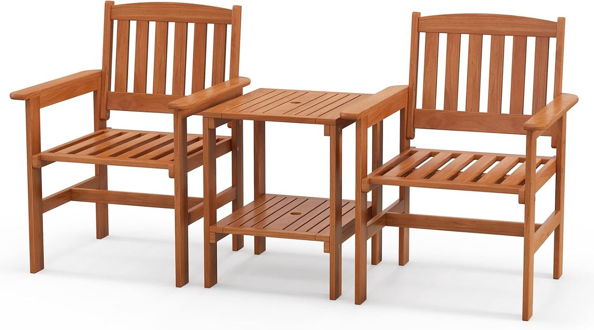 KOMFOTTEU 3-delige meubelset van hout, set met 2 stoelen en tafel met gat voor parasols, conversatieset met rugleuning en armleuningen, voor terras, balkon