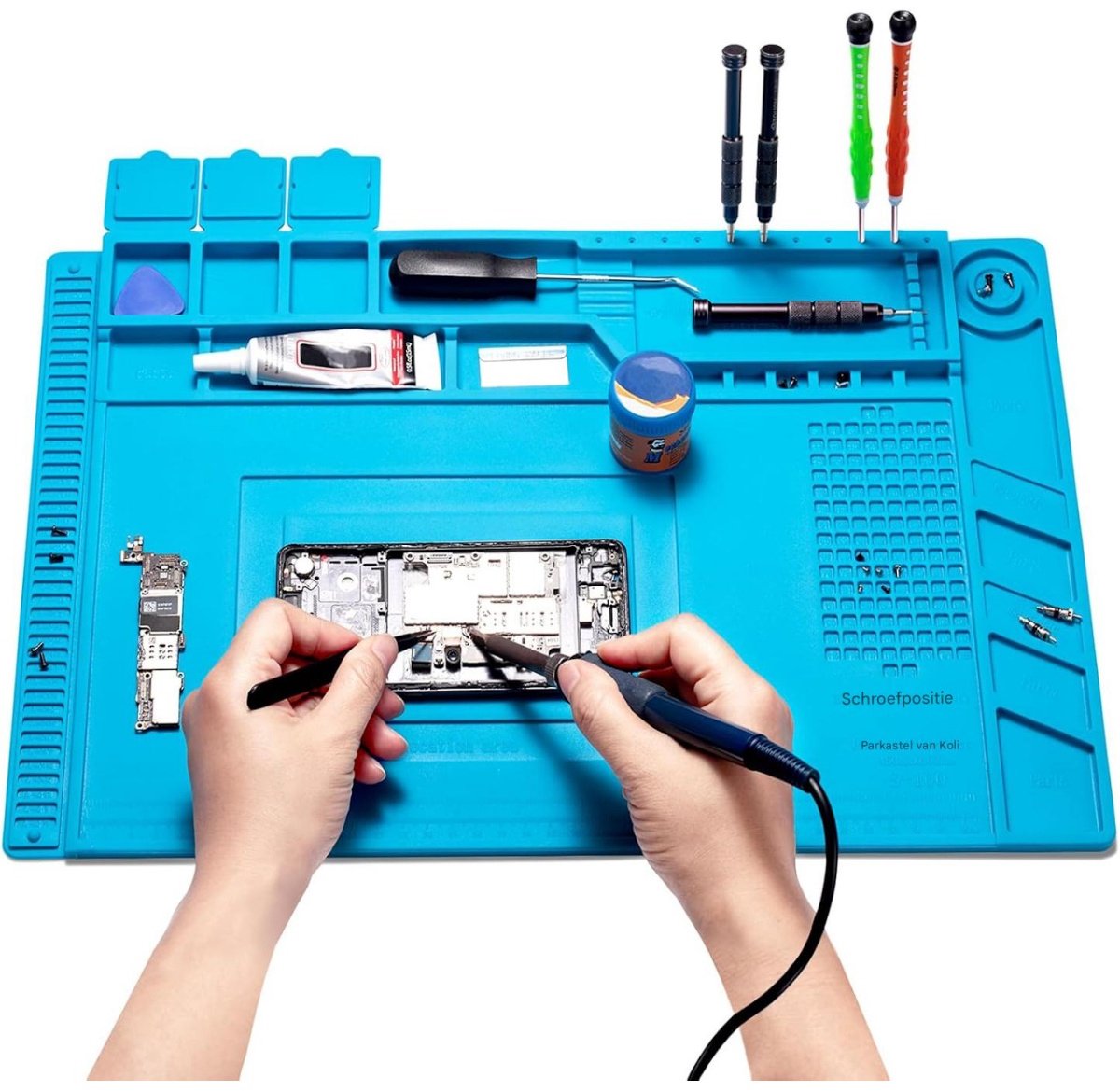 GELLDG Siliconen lasmat - Bestand tegen hoge temperaturen tot 500 °C - 45 x 30 cm - Verdikte werkpad - Geschikt voor soldeerbouten/heteluchtpistolen - Magnetische reparatiepad - Geschikt voor elektronica, solderen, mobiele telefoons