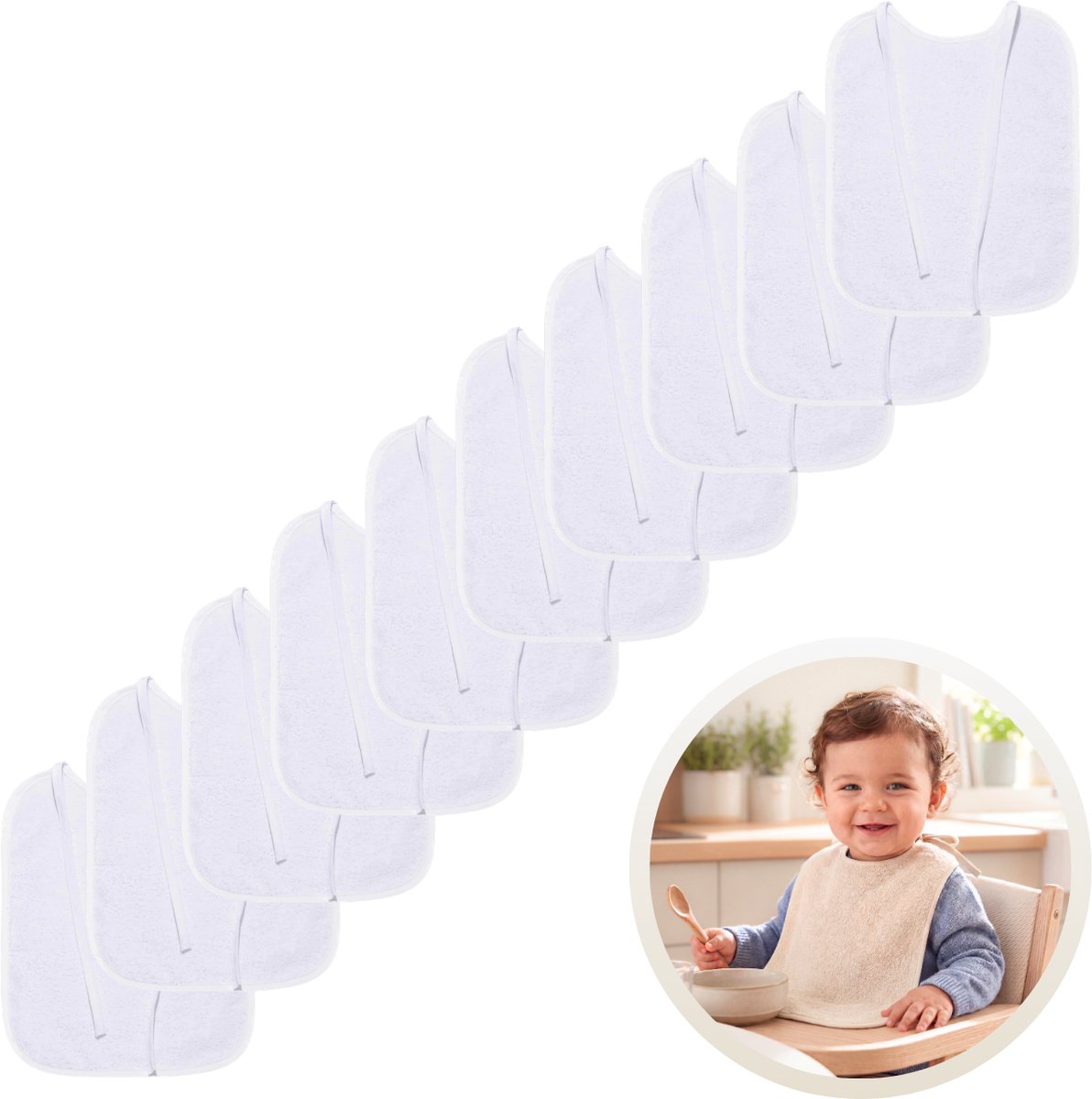 Funnies Slabben 10-Pack Wit - Set van 10 Zachte Slabbetjes - Slabbers - Kwijldoekjes - Slab met Koordjes - Gemaakt van 100% Katoenen Badstof - Absorberend, Zacht en Makkelijk Wasbaar - Ideaal voor Voeden, Kwijlen en Bescherming van Kleding