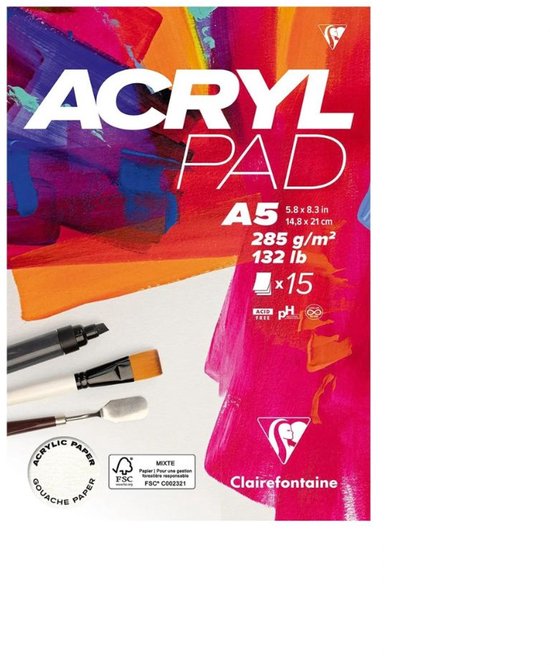 Clairefontaine Acryl Pad A5, 285g/m², met 15 vellen gemengd papier.