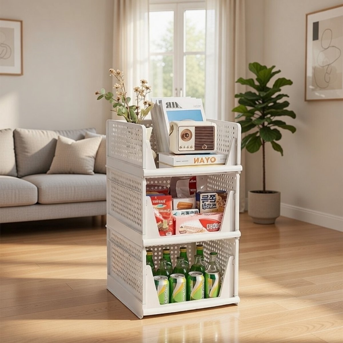 ModuStack XL Stapelbare Ladebox Set van 5 – Hoge Opbergboxen met Lades 42x33x25 cm – Opvouwbare Kledingkast Organizer – Kunststof Opbergdozen Wit – novihome