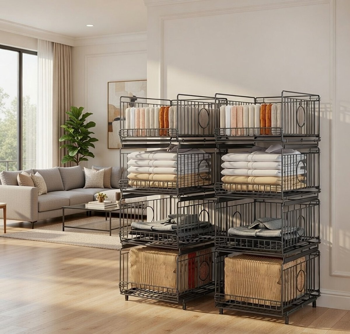 ModuSlide Pro® Uittrekbare Metalen Kastorganizer Set van 4 – Stapelbare Kledingkast Organizer Zonder Boren – – novihome Creëer direct meer ruimte en overzicht in je kledingkast, keukenkast of berging met de ModuSlide Pro® kastorg