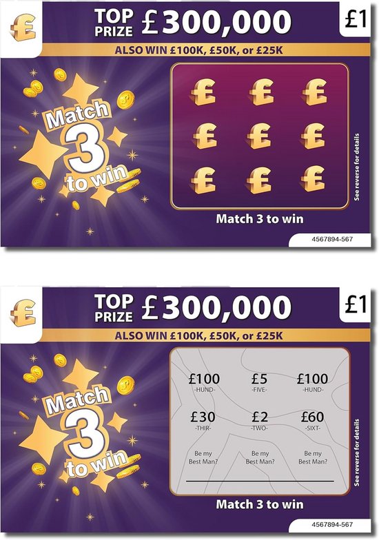 Twee versies van een paars kraslot met opdruk 'TOP PRIZE £300,000', 'Match 3 to win' en prijzen.