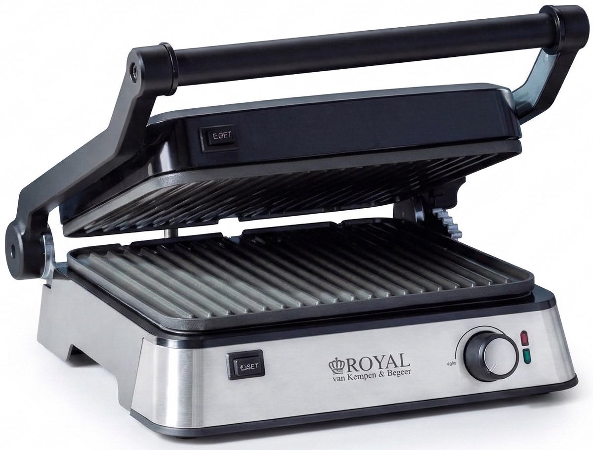 Royal Van Kempen & Begeer Contactgrill - 2000W - 180° Openklapbaar - Verwijderbare Platen - PFAS-vrije Antiaanbaklaag - Vaatwasserbestendig - Verstelbare Thermostaat
