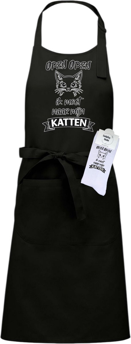 Keukenschort en sokken met tekst - Giftset - Opzij ik moet naar mijn katten - Moederdag - Vaderdag - Zwart - Verstelbaar - Cadeau idee - Verjaardag - Cadeau dames en heren - Liefste Opa en Oma cadeau - Kerst cadeau - Grappig cadeau - Onesize