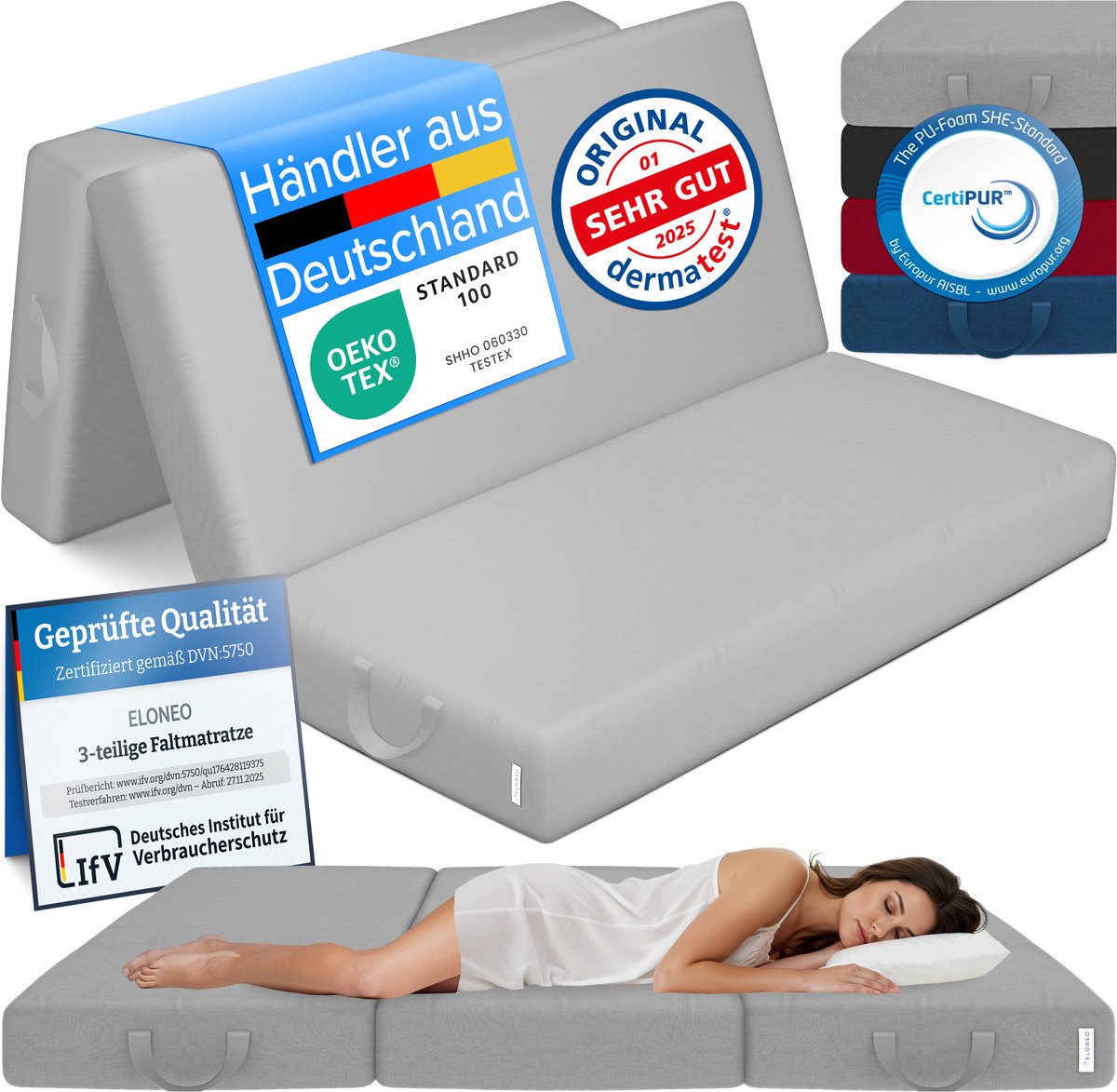 ELONEO Opvouwbaar Matras - 3-Delig Vouwmatras, Extra Dik 15 cm Schuim, Wasbaar en Draagbaar Logeermatras voor Volwassenen, Tweepersoonsbed (Grijs, 160 x 195 x 15 cm)