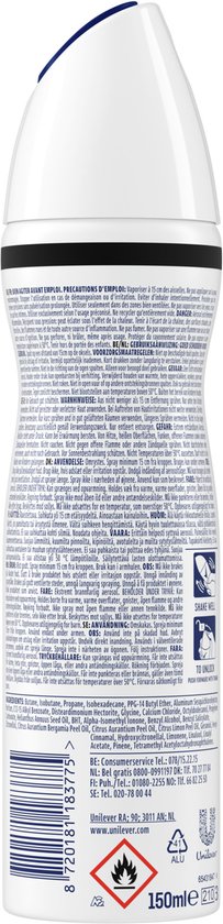 Achterkant van een Rexona deodorant spuitbus met productinformatie.