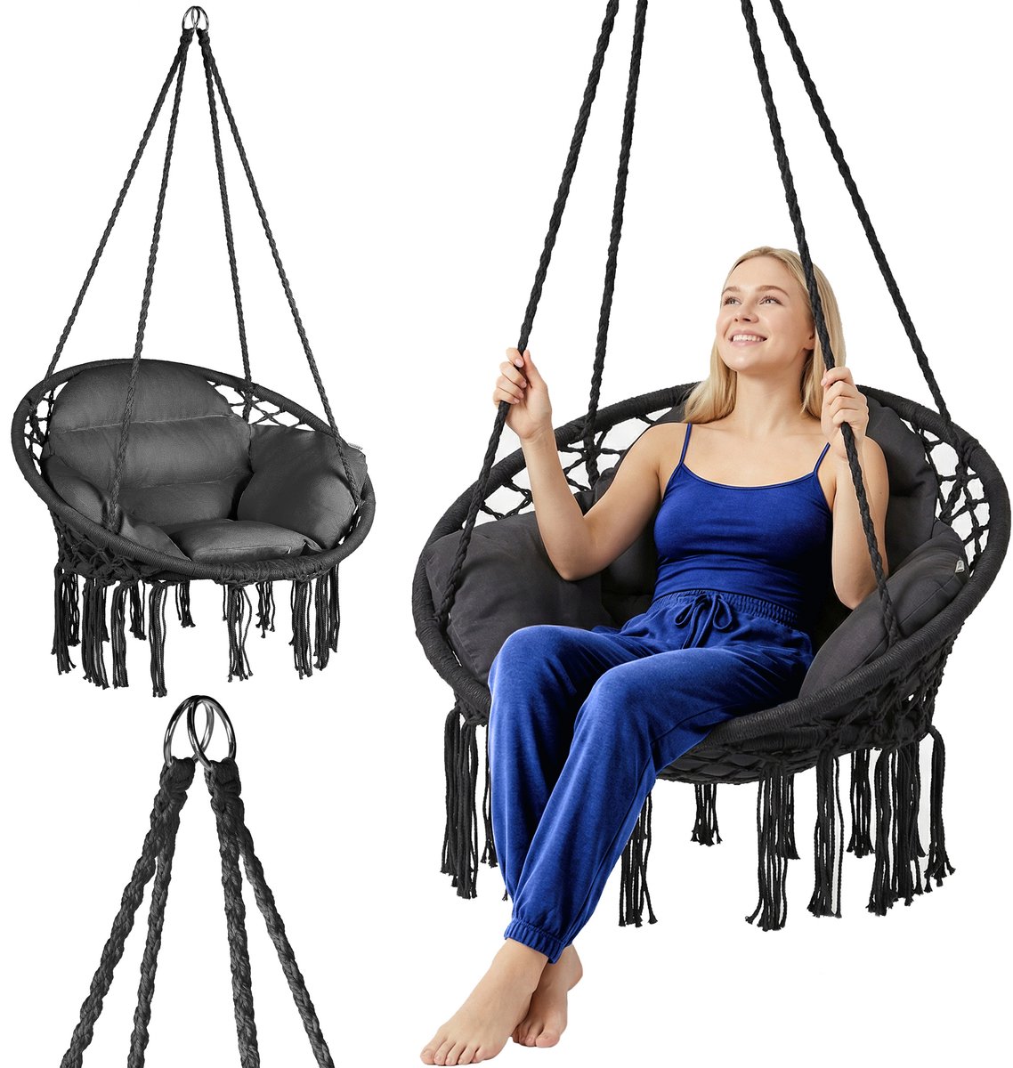 Luverno® Hangstoel met Kussens - 62cm Diameter - tot 150 kg - 100% Katoen - Zitzak, Schommel - voor Buiten, Tuin, Balkon, Huis