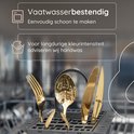 Gouden bestek in een vaatwasser. Vaatwasserbestendig, handwas aanbevolen voor kleurbehoud.