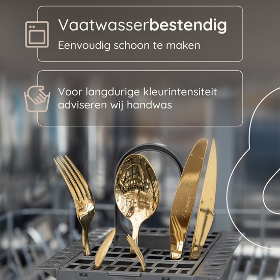 Gouden bestek in een vaatwasser. Vaatwasserbestendig, handwas aanbevolen voor kleurbehoud.