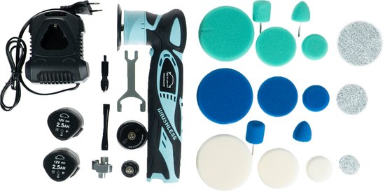 Compleet assortiment van een zwarte en turkooiskleurige polijstmachine, lader, accu's en diverse blauwe, groene en witte polijstpads.