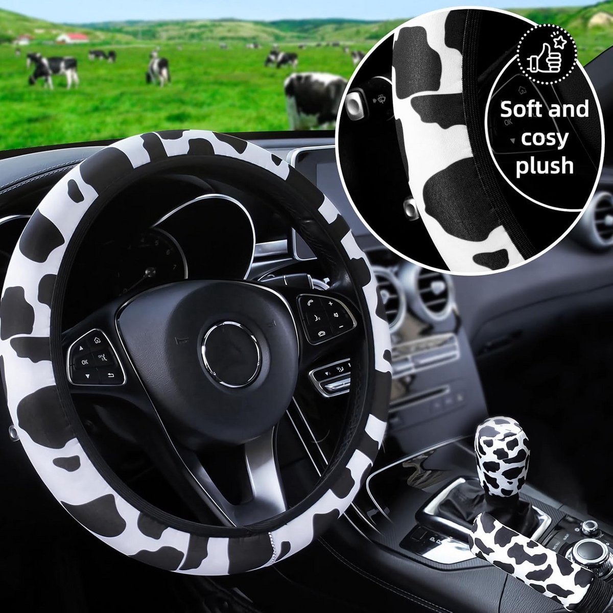 3-delige Stuurhoes Set met Koeienprint - Antislip & Universeel voor Auto Interieur – foto 4