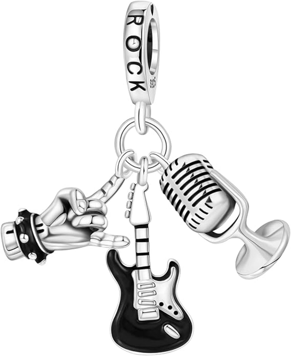 Fler® | Bedel | Past op populaire bedelarmbanden (standaard - 3mm) | 3-delige Rock Muziek Bedel - Gitaar & Microfoon | Hangbedel Charm | 925 sterling zilver | Zwarte emaille | Armband Kraal | Valentijnsdag Cadeau | Sinterklaas kado | Kerstcadeau