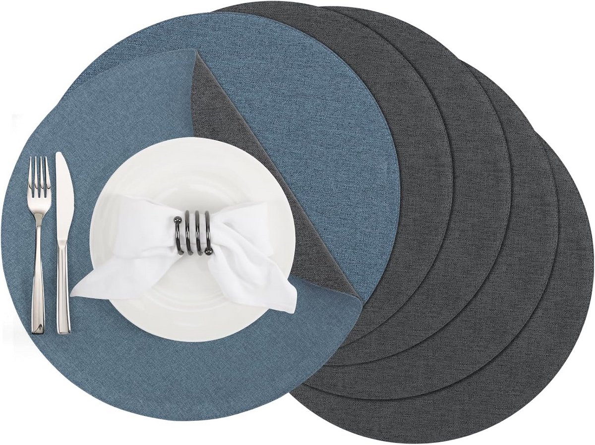 Set van 6 Ronde Rechthoekige Placemats Dubbelzijdig Antislip Wasbaar (38 cm)