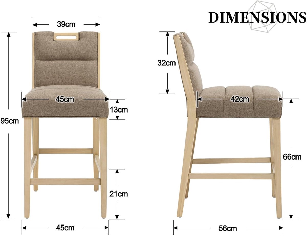 Barkruk Set van 4 House&Garden Linnen Barstoelen met Rugleuning – Bistrokruk Houten Frame voor Keuken, Keukeneiland, Eettafel – Comfortabele Barstoel Bruin