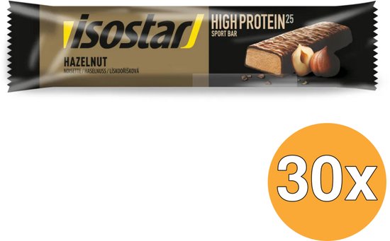 Isostar sportreep met hazelnootsmaak, verpakt in goud- en zwart folie, met de tekst '30x'.