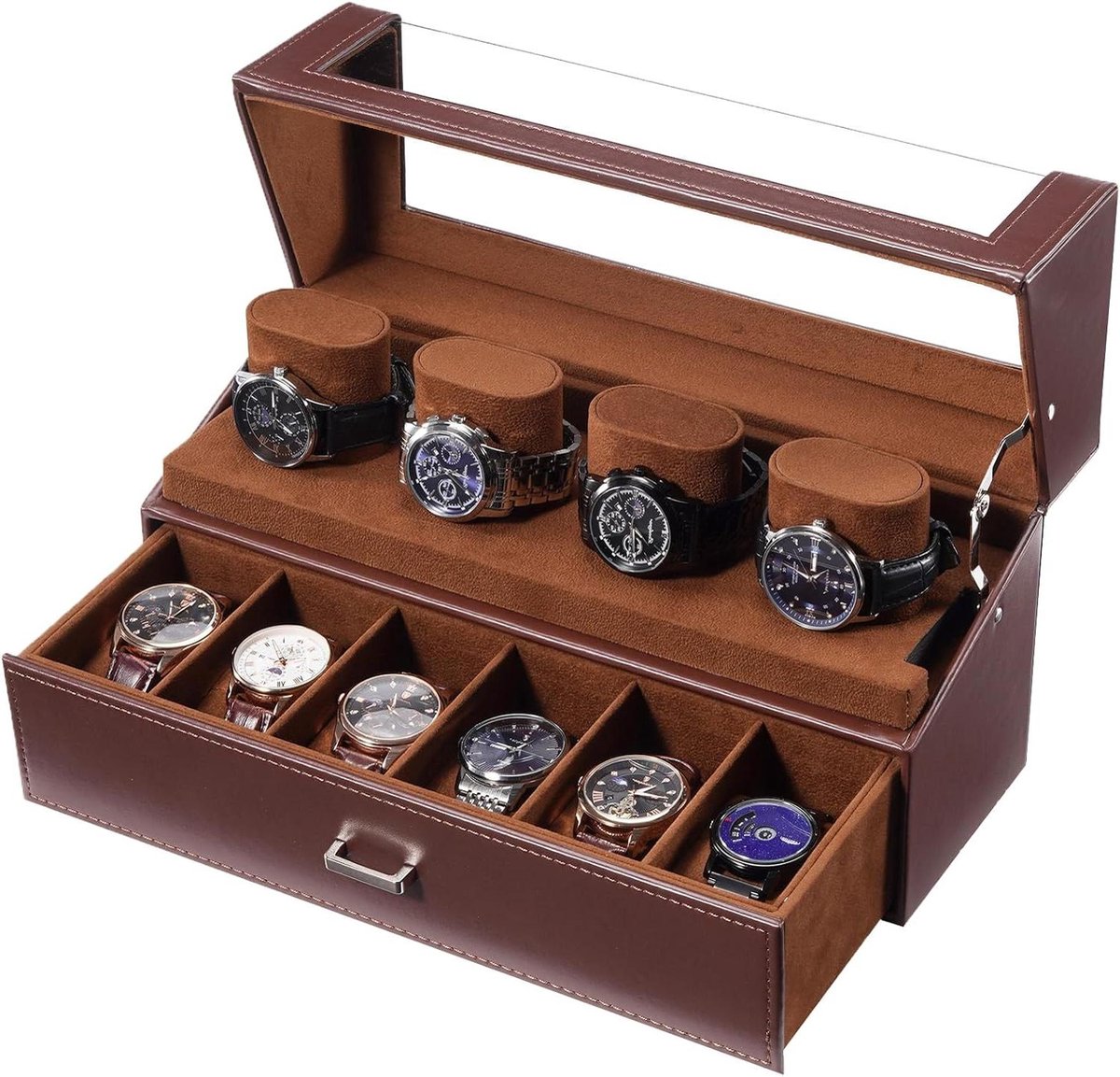 Horlogekast Mannen, 10-Sleuven Vitrine Lade, 2-Laags Horlogedoos, Acryl Cover, Organizer, Opbergdoos - Espresso