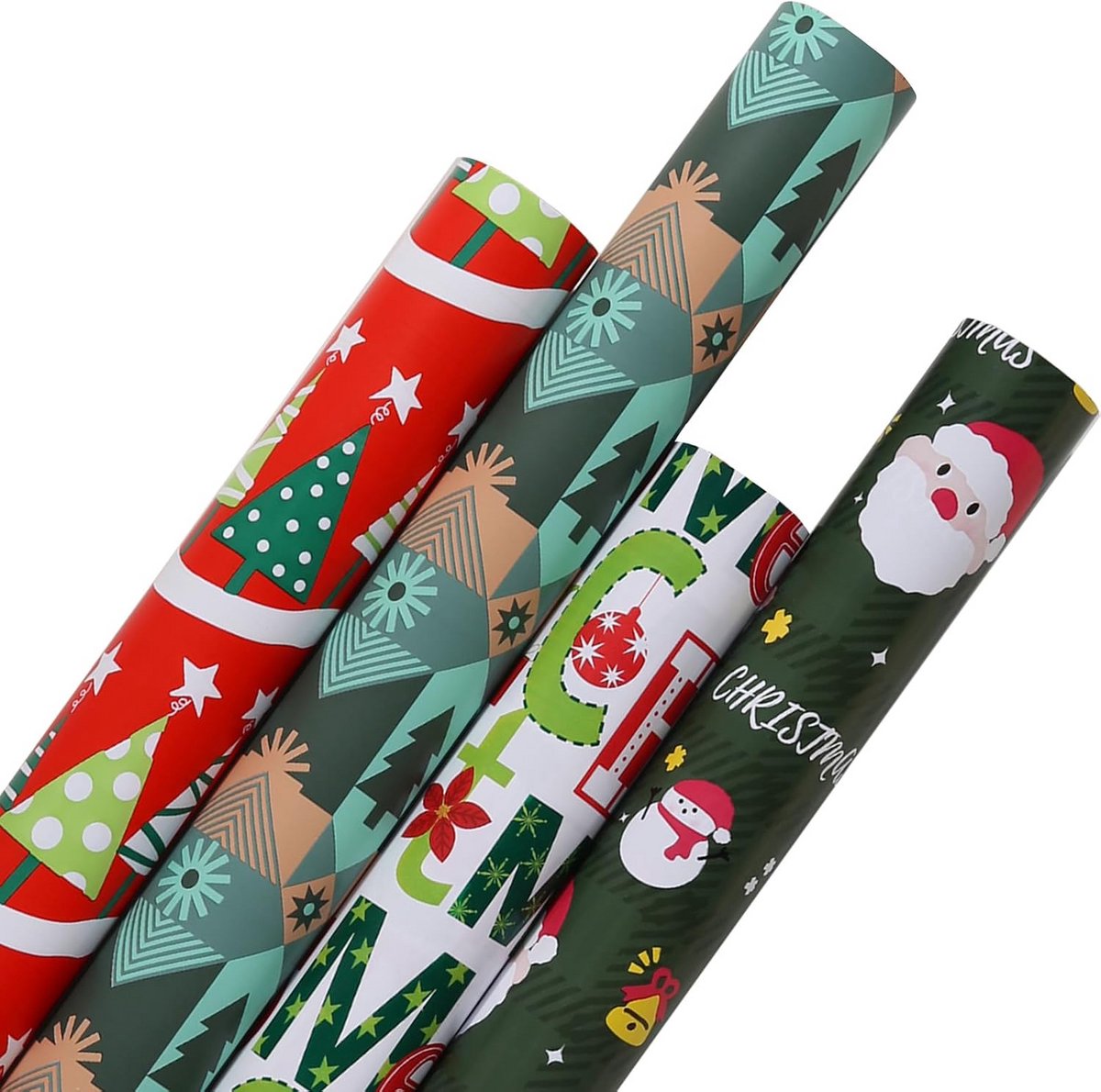 Inpakpapier Kerst - 4 Rollen - Feestelijke en Grappige Kerstmotieven - Sneeuwpop, Kerstman, Bomen